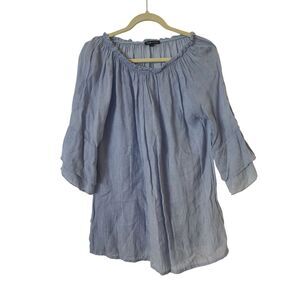 Robert Kitchen Peasant Blouse with Flare Sleeve‎ in Soft Blue Gathered Neck M